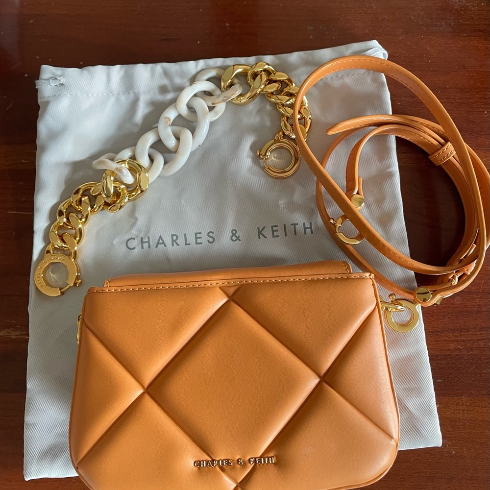Charles & Keith Tan Quilted Crossbody with Gold Chain